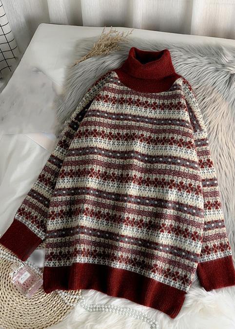 Comfy red clothes striped plussize high neck knitwear