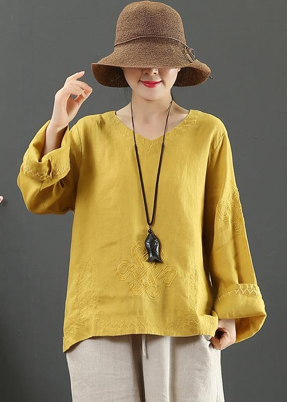 Women Yellow Clothes V Neck Embroidery Dresses Spring Blouse