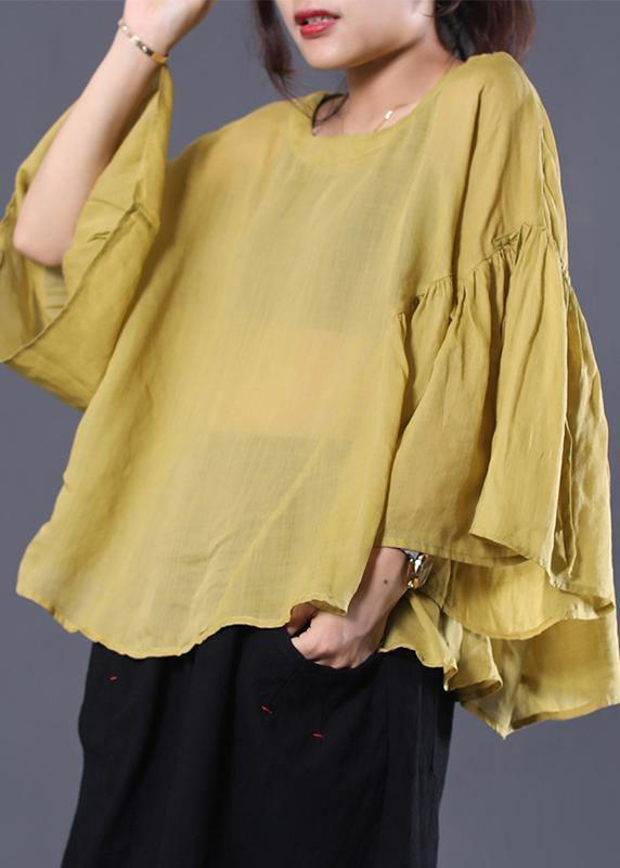 Elegant yellow linen Tunic Cotton o neck summer ruffles shirt