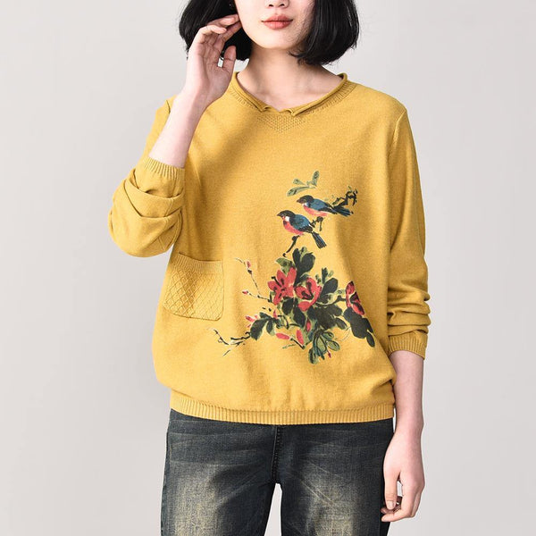 Comfy yellow knit jacket trendy plus size autumn prints knit sweat tops pockets