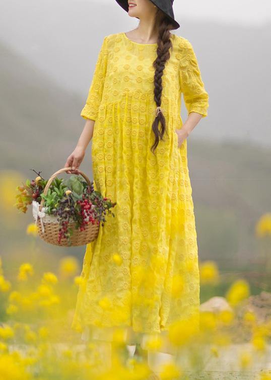 Unique Yellow Embroidery Tunic Dress O Neck Half Sleeve Maxi Dresses