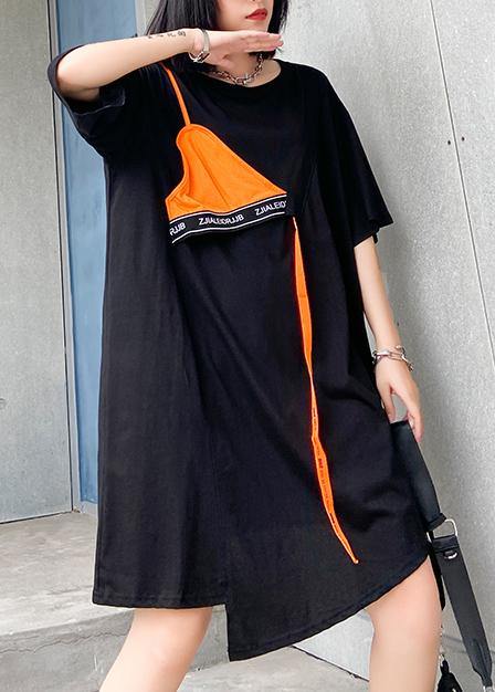 DIY o neck asymmetric Cotton summer outfit Sewing black Dresses