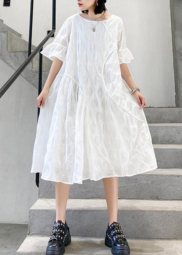 100% o neck flare sleeve cotton tunics for women Fabrics white dotted Dresses