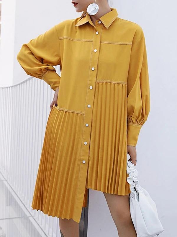 Women lapel asymmetric Cotton clothes Outfits yellow Dresses