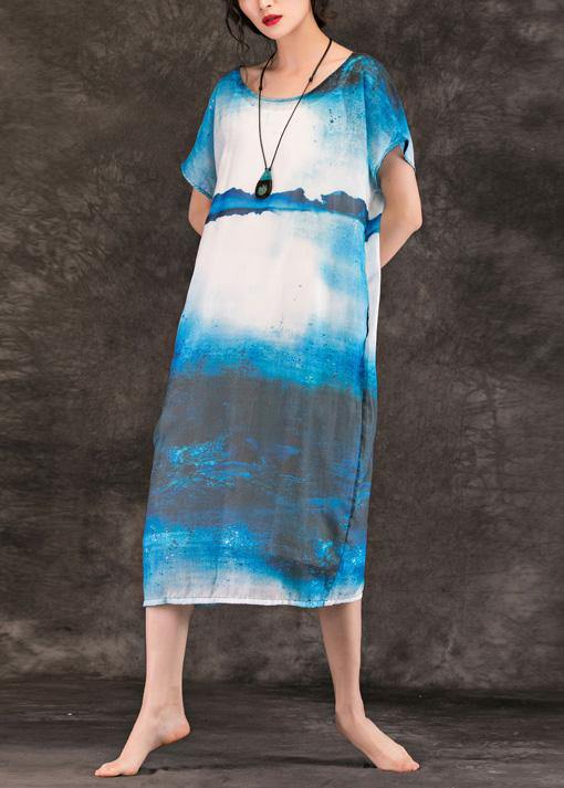 Women o neck pockets linen clothes For Women Online Shopping blue print Dresses summer