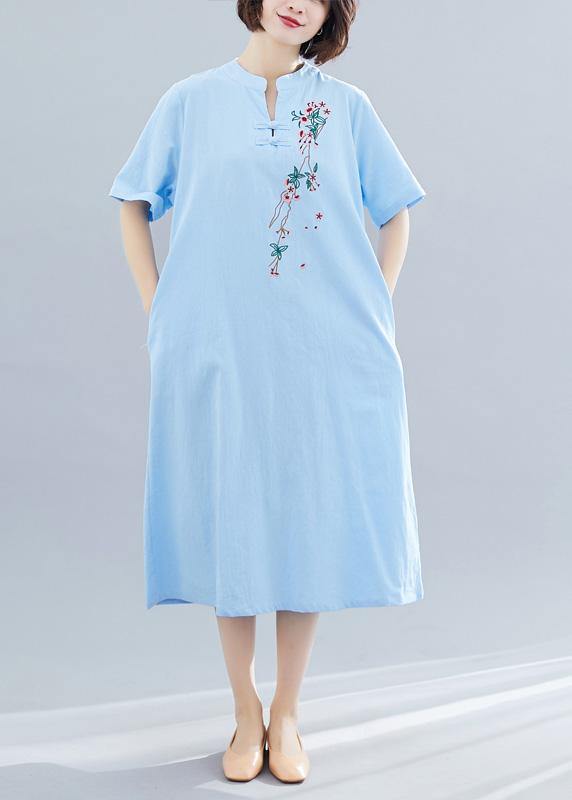 Women Chinese Button cotton Tunics Shape blue A Line Dress summer