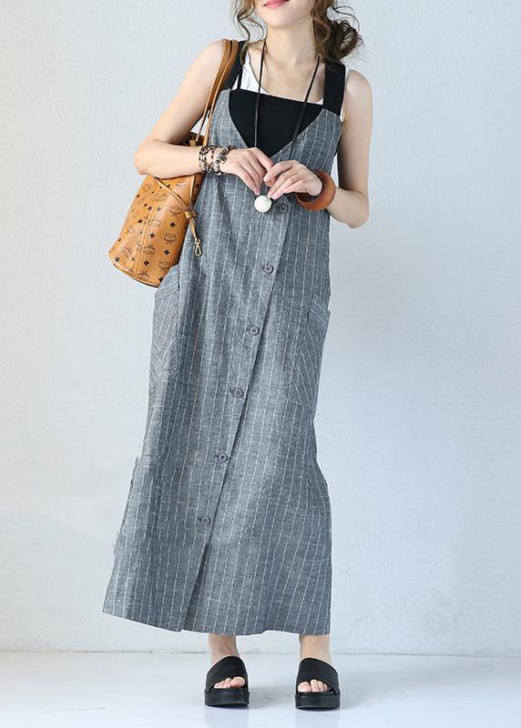 Unique gray striped linen dresses Single-breasted Maxi sleeveless Dress