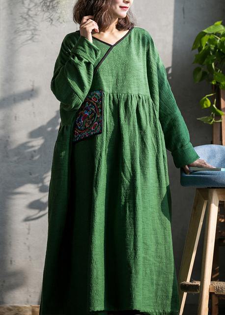 2021 French Green v neck embroidery cotton linen Dress summer