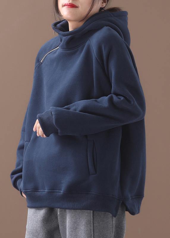 Elegant blue hooded cotton shirts zippered Plus Size Clothing winter tops