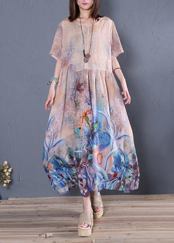 Loose o neck Cinched linen summer clothes Sleeve blue print Dress