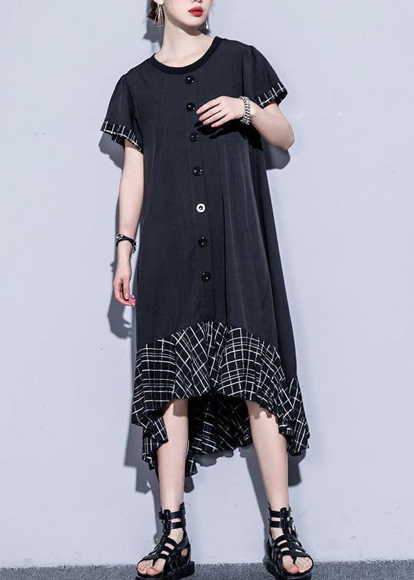 Loose black cotton quilting clothes patchwork plaid hem  summer Dress