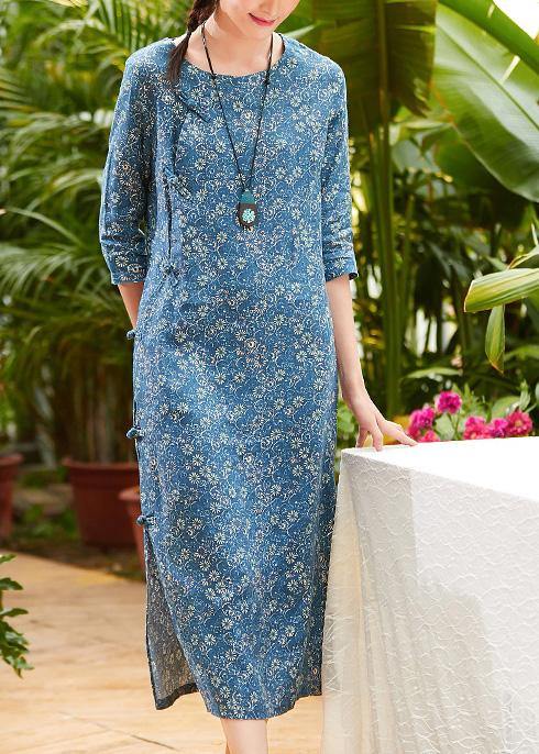 Women blue print linen clothes For Women o neck Chinese Button Plus Size summer Dress