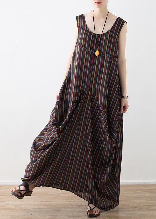 French big pockets cotton dresses yellow green striped Robe Dress summer