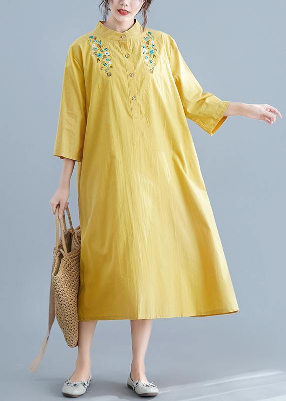 Unique yellow embroidery cotton clothes stand collar pockets Plus Size summer Dress