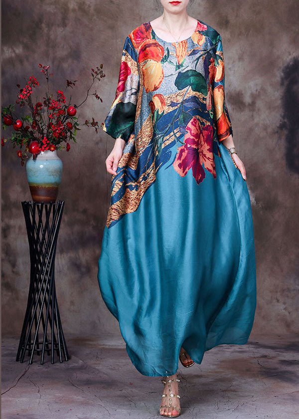 Beautiful Blue O-Neck Print 2022 Silk Long Dress Bracelet Sleeve