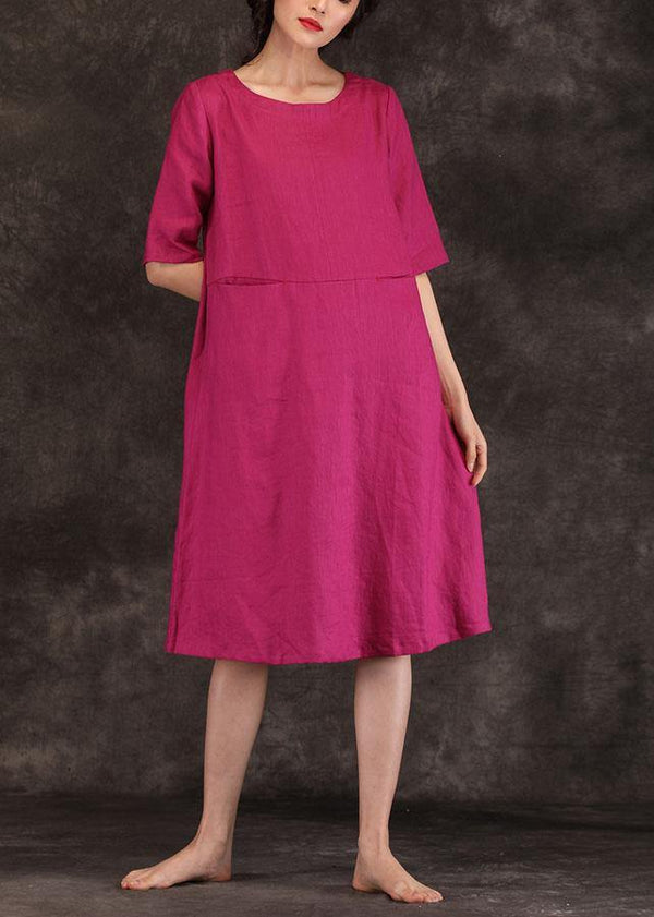 Loose o neck pockets linen dresses Work Outfits burgundy Dress summer