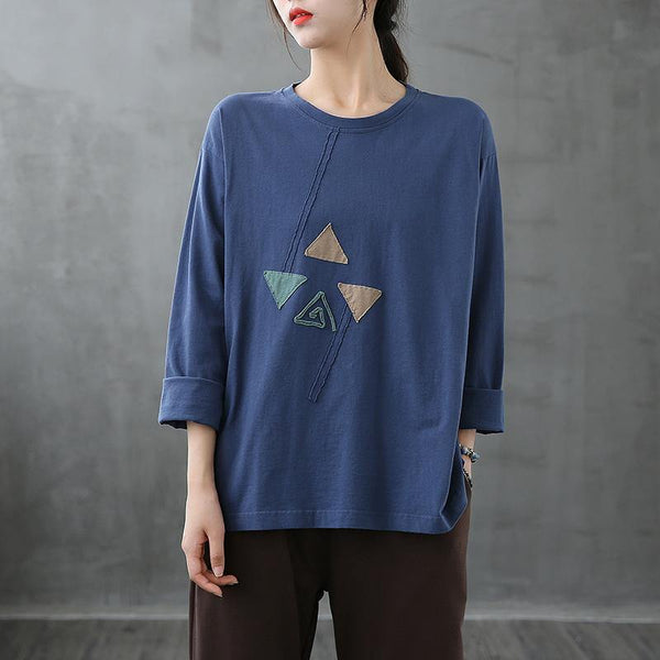 French blue tops women o neck patchwork Art top