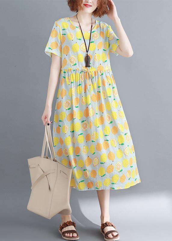 Bohemian o neck drawstring cotton clothes yellow print Traveling Dress summer