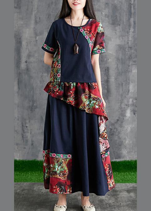 Chinese style summer black print cotton linen stitching small fresh and  temperament summer two-piece