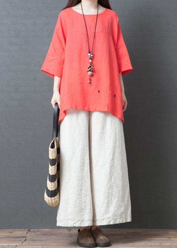 2019 red cotton casual low high design t shirt and white wide leg pants two pieces