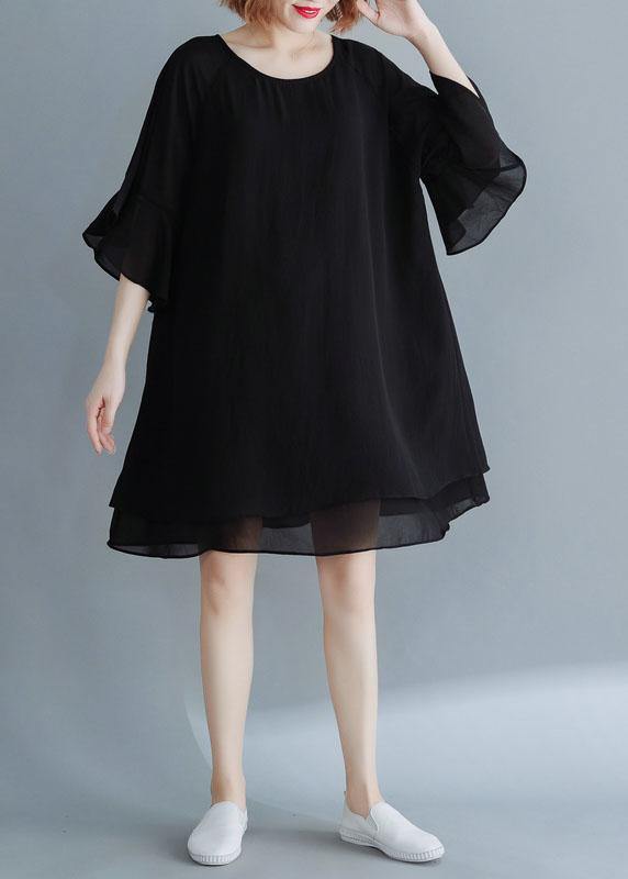 French black chiffon tunic dress flare sleeve tunic summer Dress