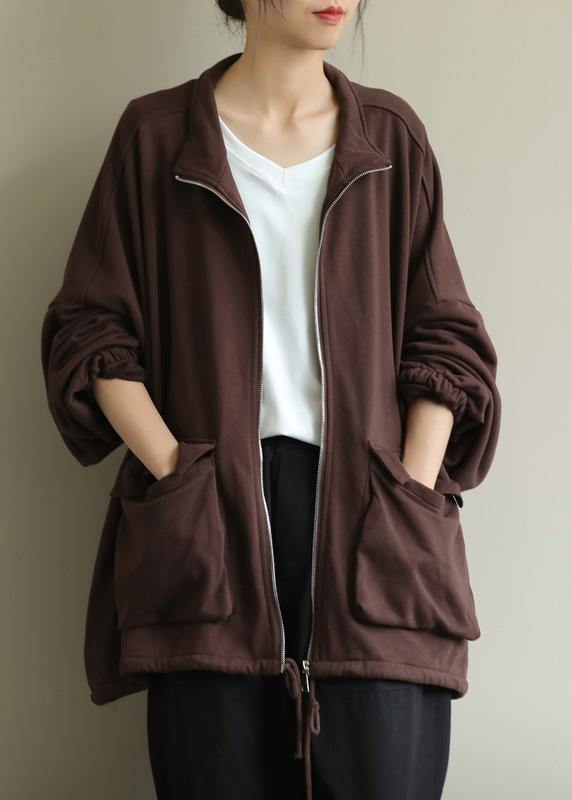 Elegant stand collar zippered Fine trench coat chocolate tunic coats