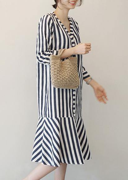 Women v neck Ruffles Cotton clothes Neckline striped Dresses