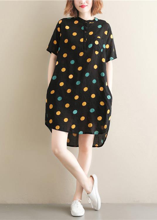 Beautiful black dotted Cotton Tunics stand collar pockets Plus Size summer Dress