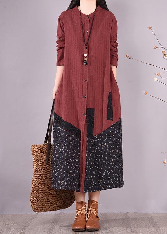 Beautiful Red Patchwork Print Dress O Neck Pockets Traveling Spring Dresses