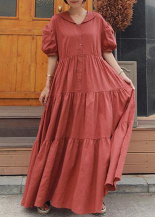 Natural Peter pan Collar Ruffles cotton Robes Tutorials red Dress