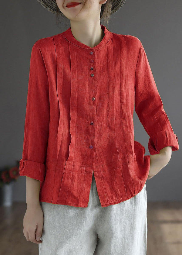 Women Red  Elegant Button Fall Top Long Sleeve Linen