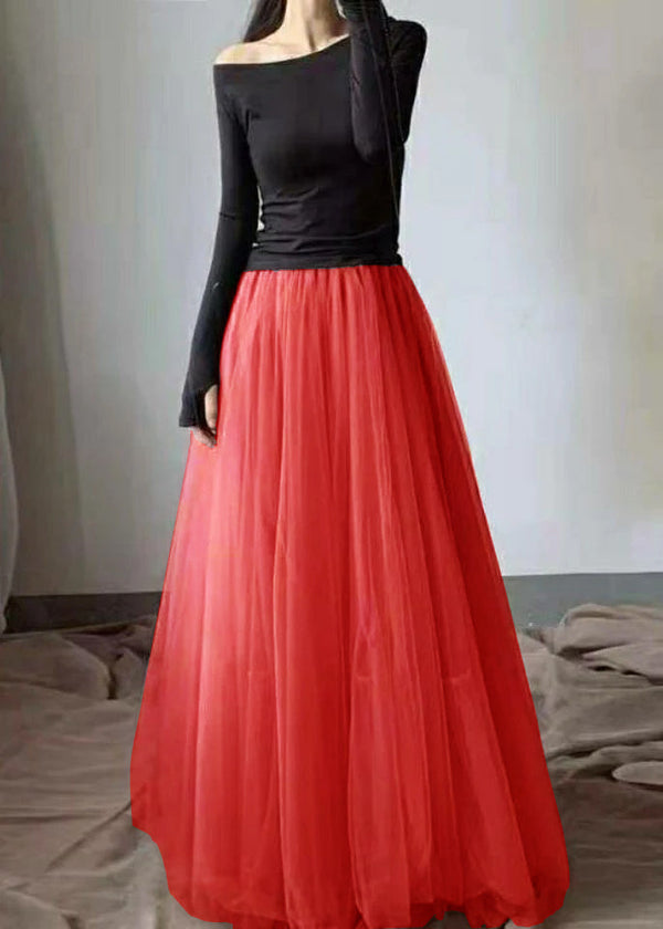 Handmade Red Wrinkled High Waist Tulle Skirts Spring