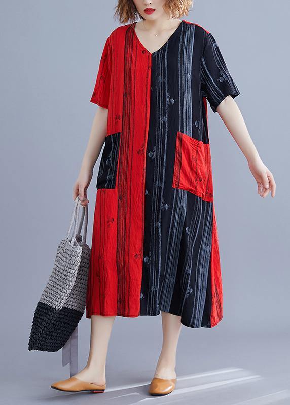 Beautiful v neck patchwork tunic dress Runway red Maxi Dresses summer