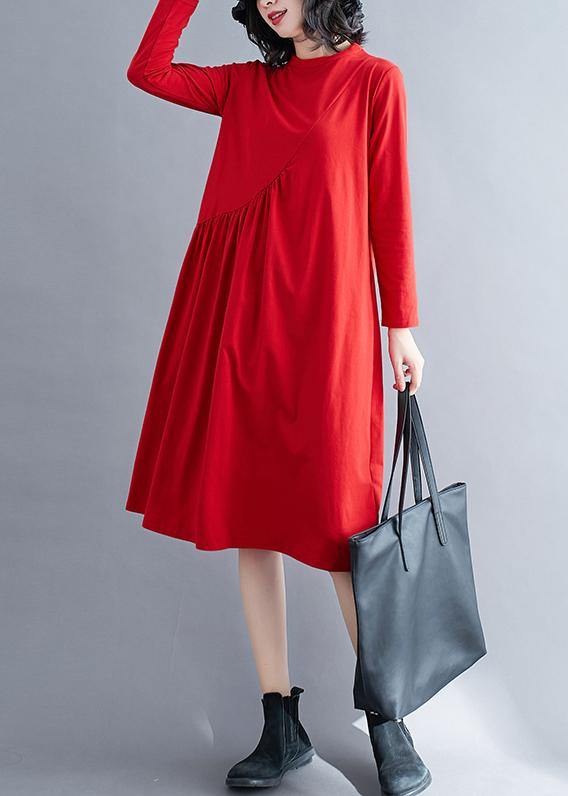 100% Red Wardrobes O Neck Wrinkled Kaftan Spring Dresses