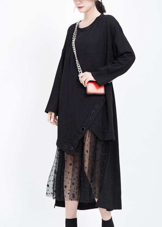 Italian black cotton dresses patchwork tulle long fall Dress