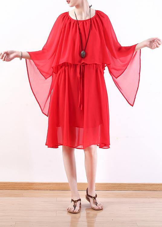 DIY red chiffon Wardrobes plus size Work o neck Batwing Sleeve Summer Dresses