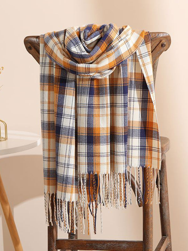 Original Creation Contrast Color Plaid Tasseled Shawl&Scarf