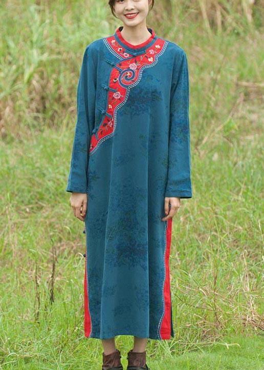 Chic Stand Collar Spring Tunics Pattern Blue Embroidery Long Dresses