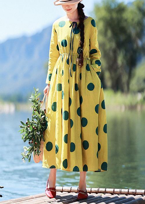 Natural Yellow Dotted Tunic Dress O Neck Pockets Art Dress