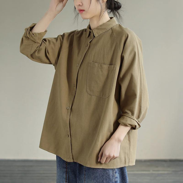 DIY Khaki Tunics For Women Lapel Pockets Plus Size Clothing Spring Shirt