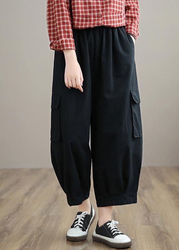 100% Spring Trousers Women's Black Pattern Elastic Waist Pockets Wild Pants