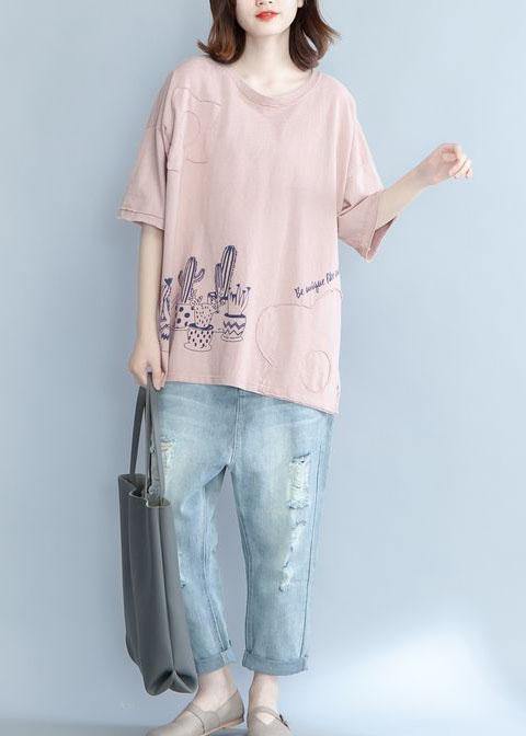 Unique pink prints cotton shirts women Appliques daily summer blouse