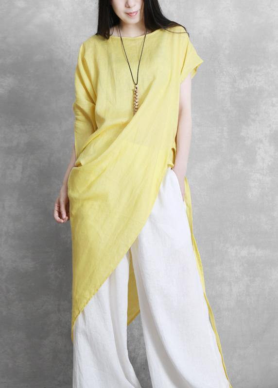 Bohemian yellow clothes For Women o neck asymmetric Plus Size Clothing tie waist top