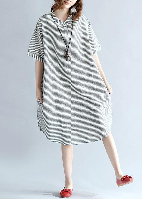 Chic side open Cotton Long Shirts Work gray striped Dresses summer