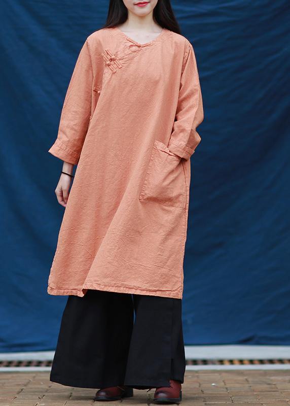 Women o neck Chinese Button Tunic Tutorials orange Dresses