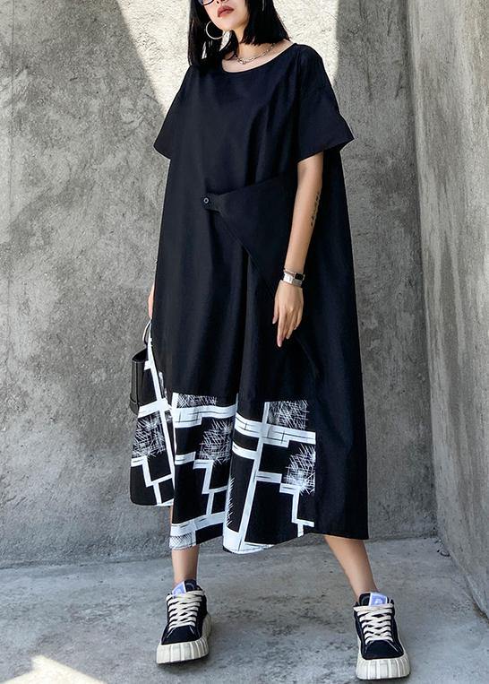 Classy black print clothes For Women o neck asymmetric Robe summer Dress