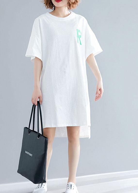 Modern o neck side open linen Runway white print Dresses summer