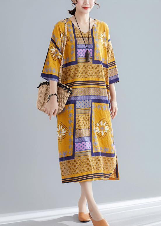 Vivid v neck side open cotton quilting dresses Tutorials yellow print long Dresses summer