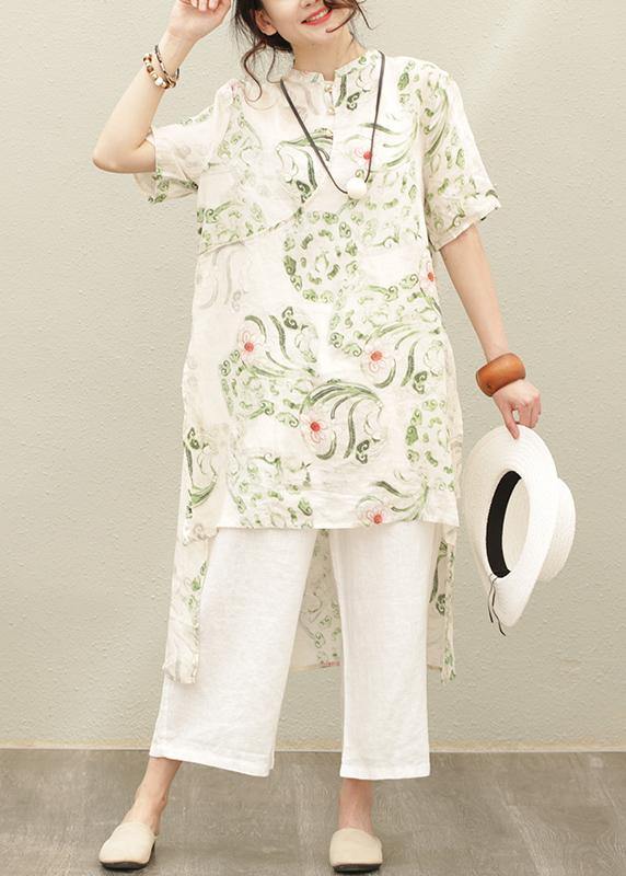 Natural green print linen linen tops women blouses stand collar asymmetric silhouette  tops