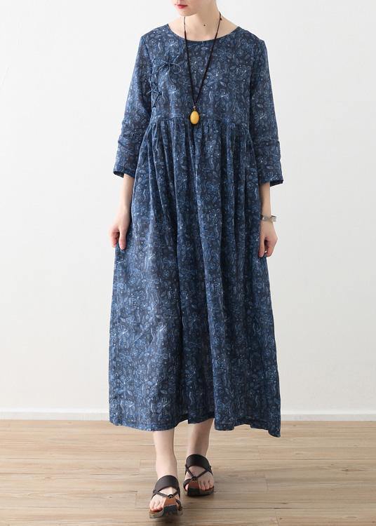 DIY o neck Cinched linen clothes For Women blue print Dress